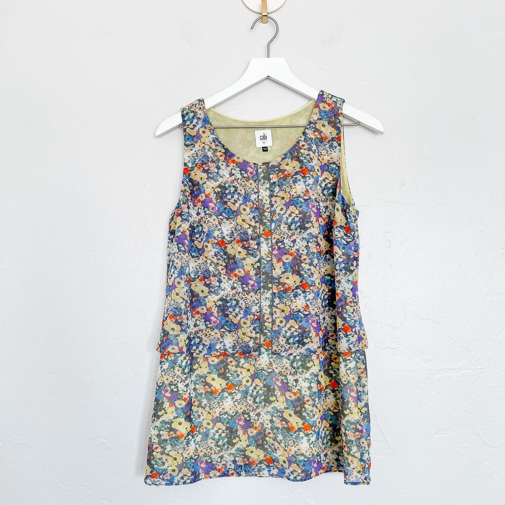 CAbi Positano Watercolor Floral Layered Chiffon Tank Tunic Top Small